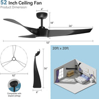 Garvee 52" Ceiling Fan with Light, Remote Control, 6-Speed, Quiet DC Motor, Dimmable 3CCT for Bedroom & Patio (Black)