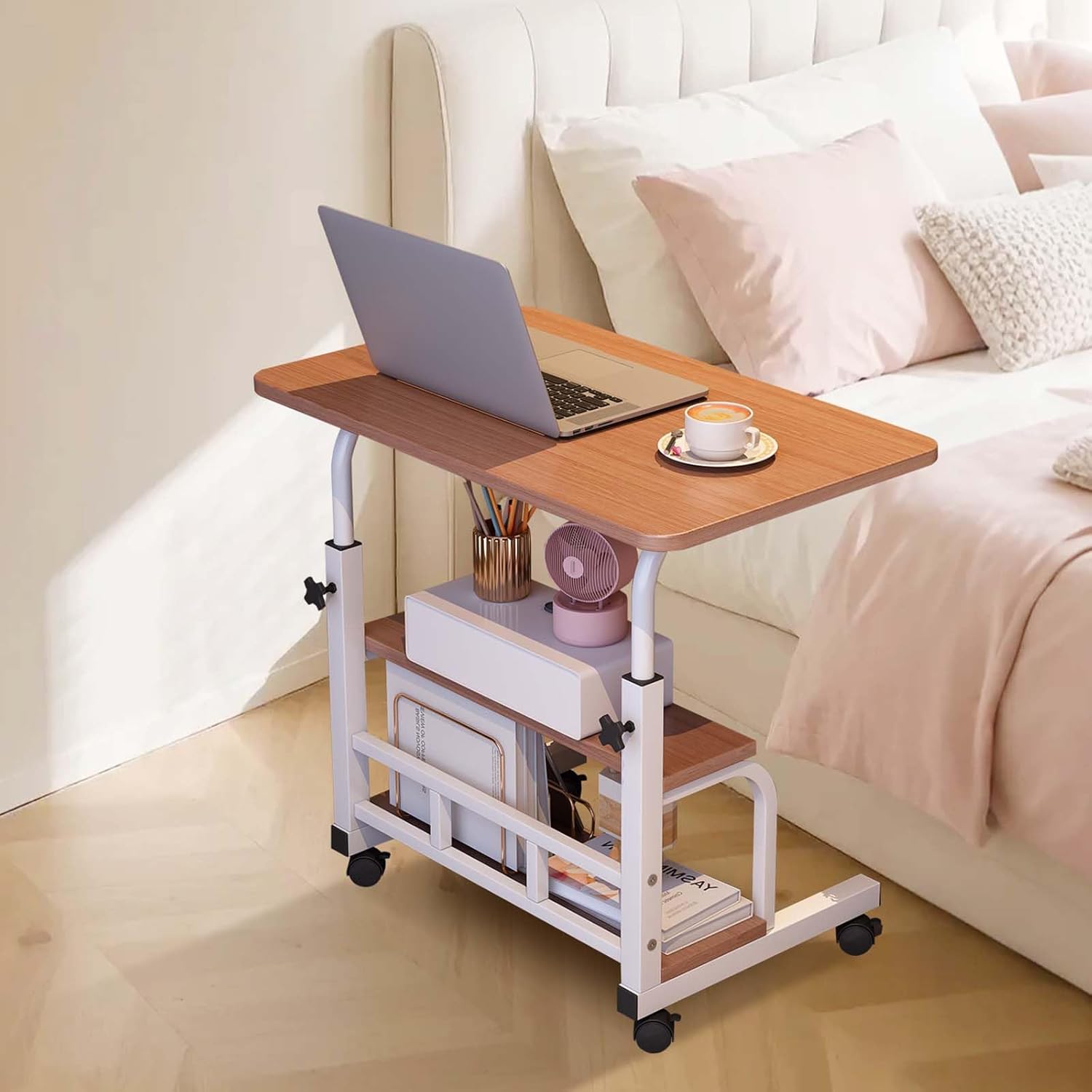 Garvee Adjustable Height Mobile Standing Desk, Portable Bedside Desk with Storage Shelves, Compact Laptop Desk for Home Office, Study, Small Spaces, Bedroom, Brown, 23.6"x15.7"