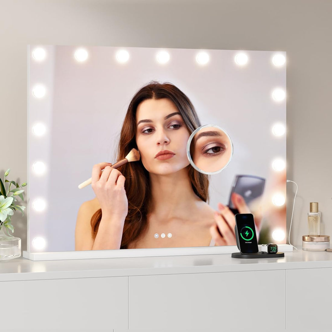 Garvee Vanity Mirror with 17 Dimmable LED Bulbs, Tabletop Lighted Mirror with Lights, Makeup Mirror with 3X Magnification, 3 Colors Modes,Touch Control, USB Charging Port, 32”x24”, White