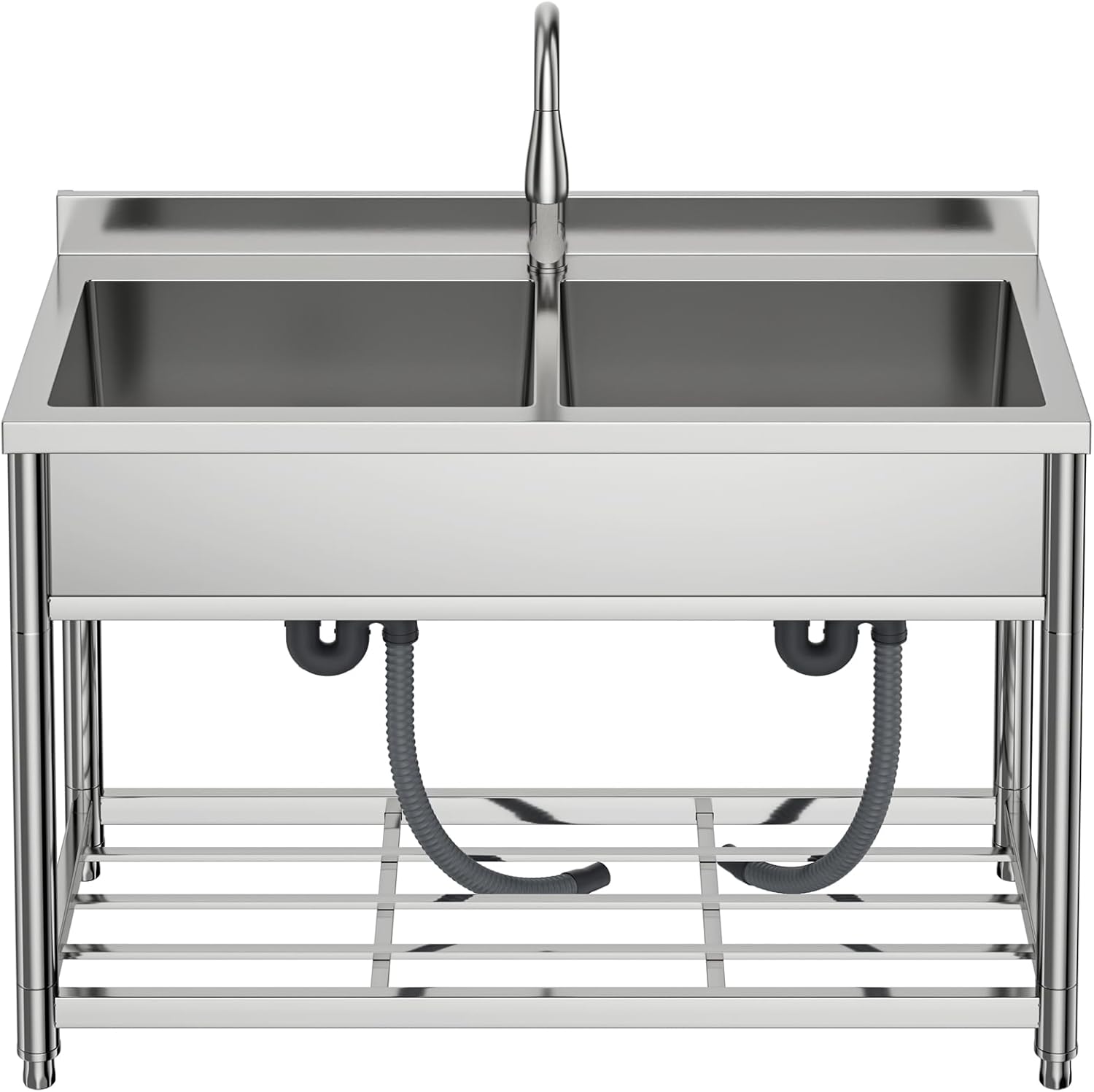 Garvee 22"D x 47"W x 37"H 2-Compartment Commercial Sink, Stainless Steel Utility Sink with Pull-out Faucet, Free Standing Double Bowl Kitchen Sink for Restaurant, Garage, Shop, Cafe, Outoor