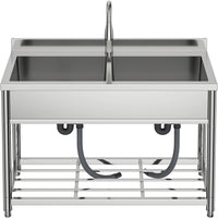 Garvee 22"D x 47"W x 37"H 2-Compartment Commercial Sink, Stainless Steel Utility Sink with Pull-out Faucet, Free Standing Double Bowl Kitchen Sink for Restaurant, Garage, Shop, Cafe, Outoor