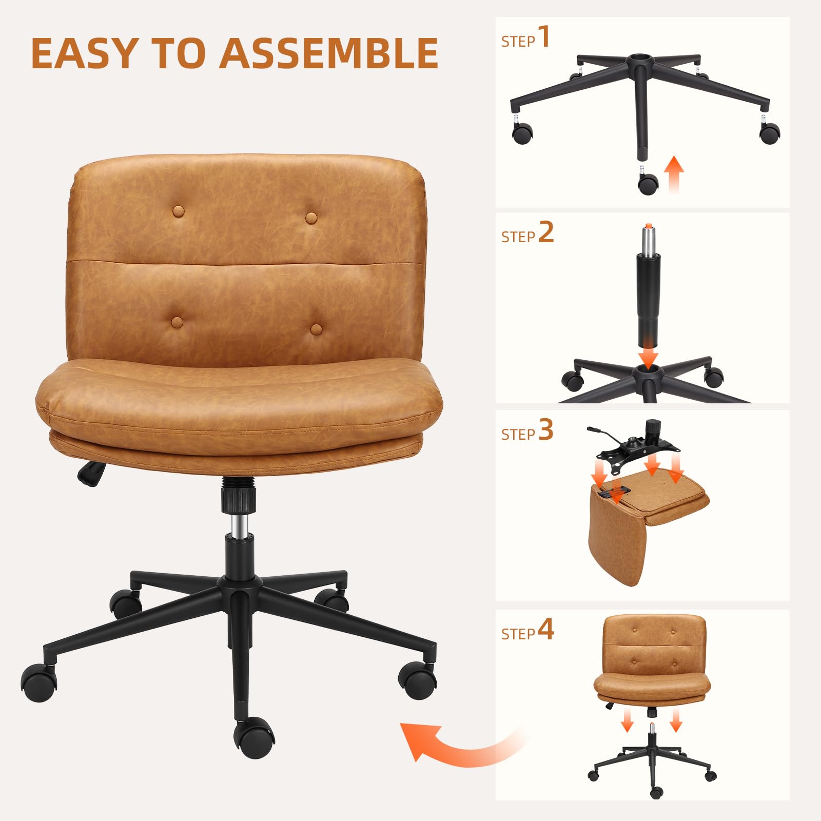 Tan faux leather office chair with padded backrest, sitting in front of a wooden desk with a mirror and decorative items, on a wooden floor.