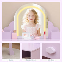 Garvee Kids Vanity with Lighted Mirror, 2 In 1 Little Girls Vanity Table & Stool, Kids Makeup with Drawer & Open Shelves for 3-9 Yrs Girls, Purple