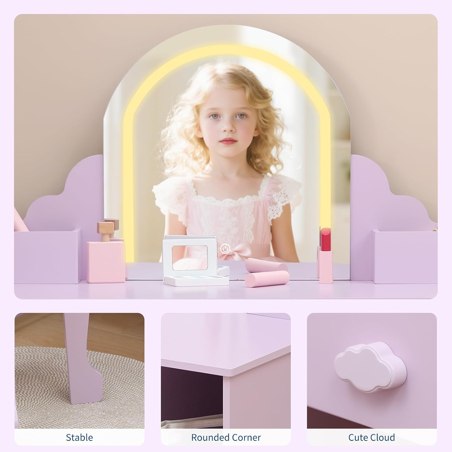 Garvee Kids Vanity with Lighted Mirror & Stool, 2 In 1 Little Girls Vanity and Wooden Makeup Playset with Adjustable LED Light, Storage Drawer & Shelves for Girls 3-9, Purple