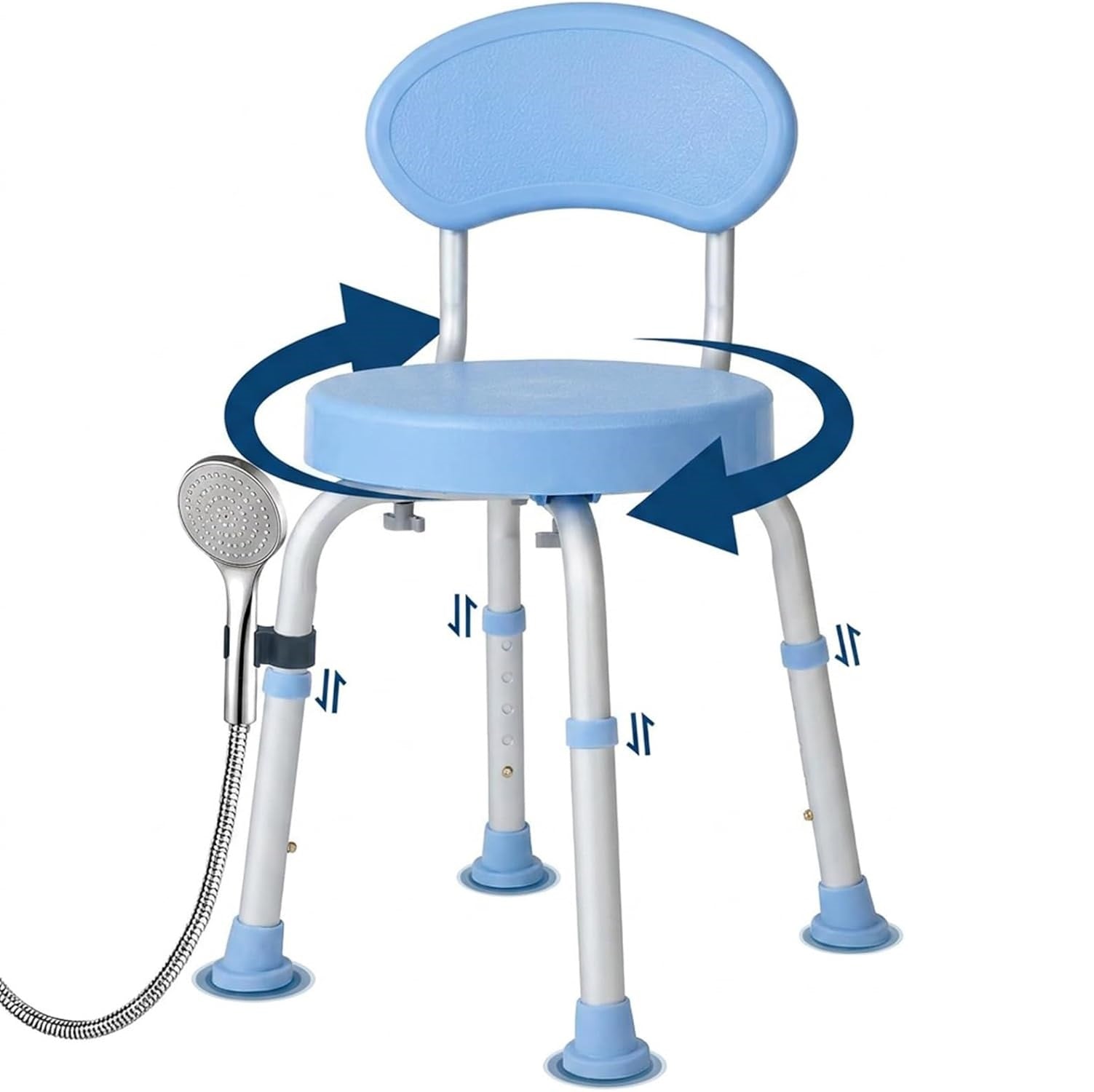 Garvee 360° Swivel Shower Chair with Backrest, Non-Slip Bathtub Chair, Height Adjustable Bath Seat for Elderly, Seniors and Disabled, Compact Shower Bench for Inside Tub or Shower, Blue