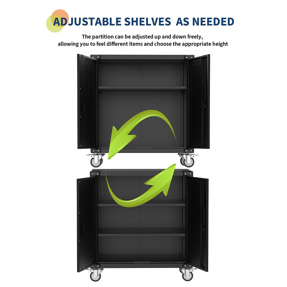 Garvee Metal Mobile Tool Storage Cabinet with 2 Doors and 4 Hooks for Garage, Home, Office 31.5in Black Durable Lockable Workbench