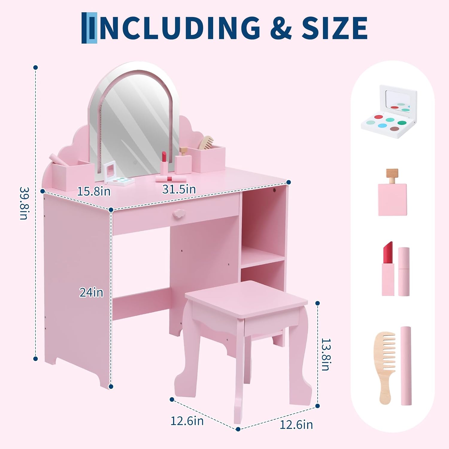 Garvee Kids Vanity with Lighted Mirror & Stool, 2 In 1 Little Girls Vanity and Wooden Makeup Playset with Adjustable LED Light, Storage Drawer & Shelves for Girls 3-9, Pink