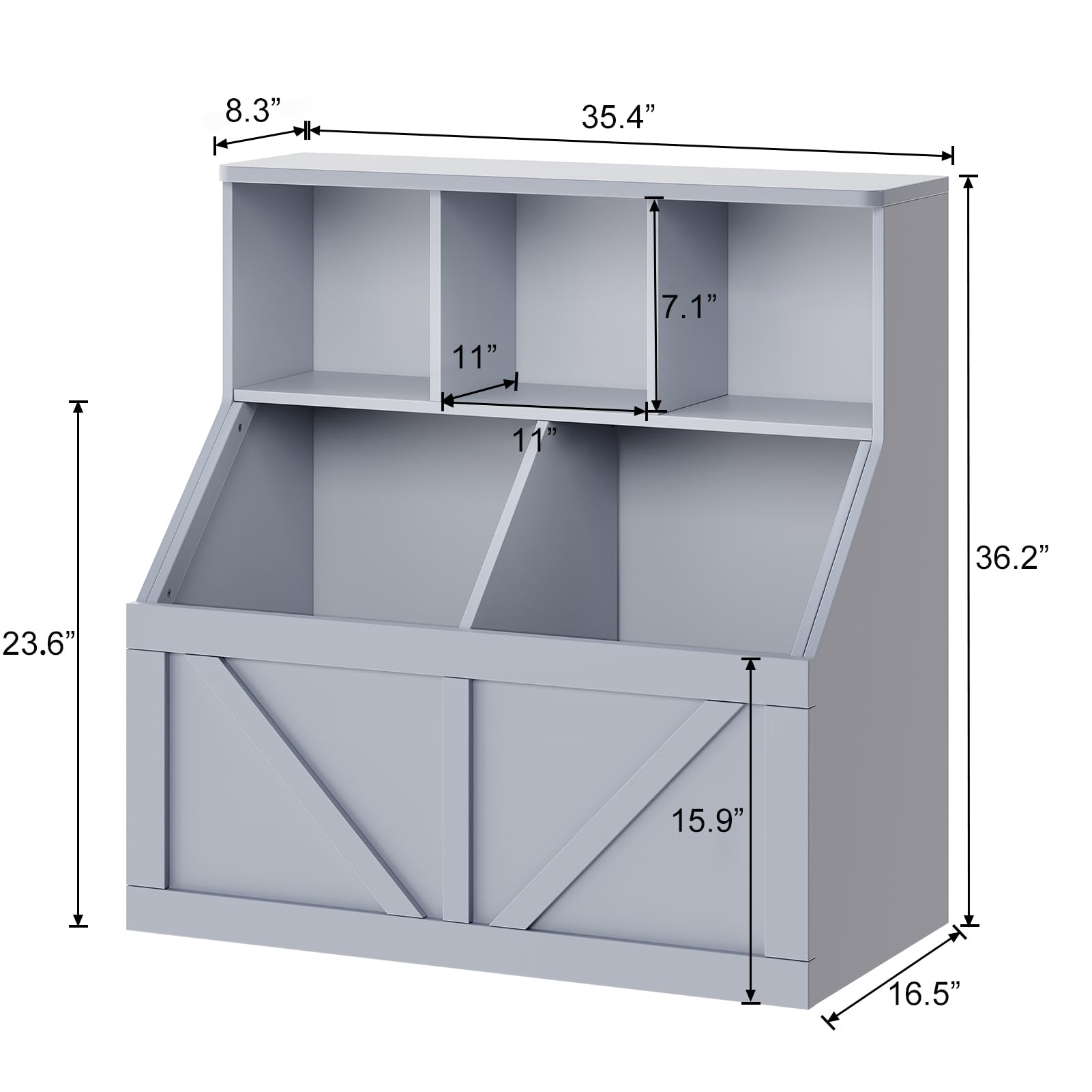 Dimensional measurements of the toy storage cabinet.