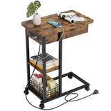 Garvee C Shaped End Table with Charging Station, Flip Top, 3 Tier Storage Shelf, USB Ports, Outlets, Wheels, for Living Room & Bedroom - Retro Color