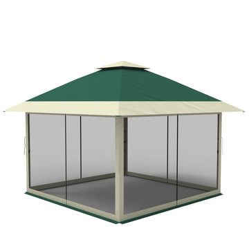12'x12' pop-up gazebo with mosquito netting, green and taupe canopy, perfect for outdoor use.