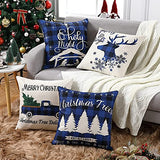 Garvee Christmas Pillow Covers 18x18 Inch Set of 4, Christmas Decorations Farmhouse Throw Pillow Cases Cotton Linen Xmas Cushion Covers for Sofa Couch Holiday - Plaid Blue