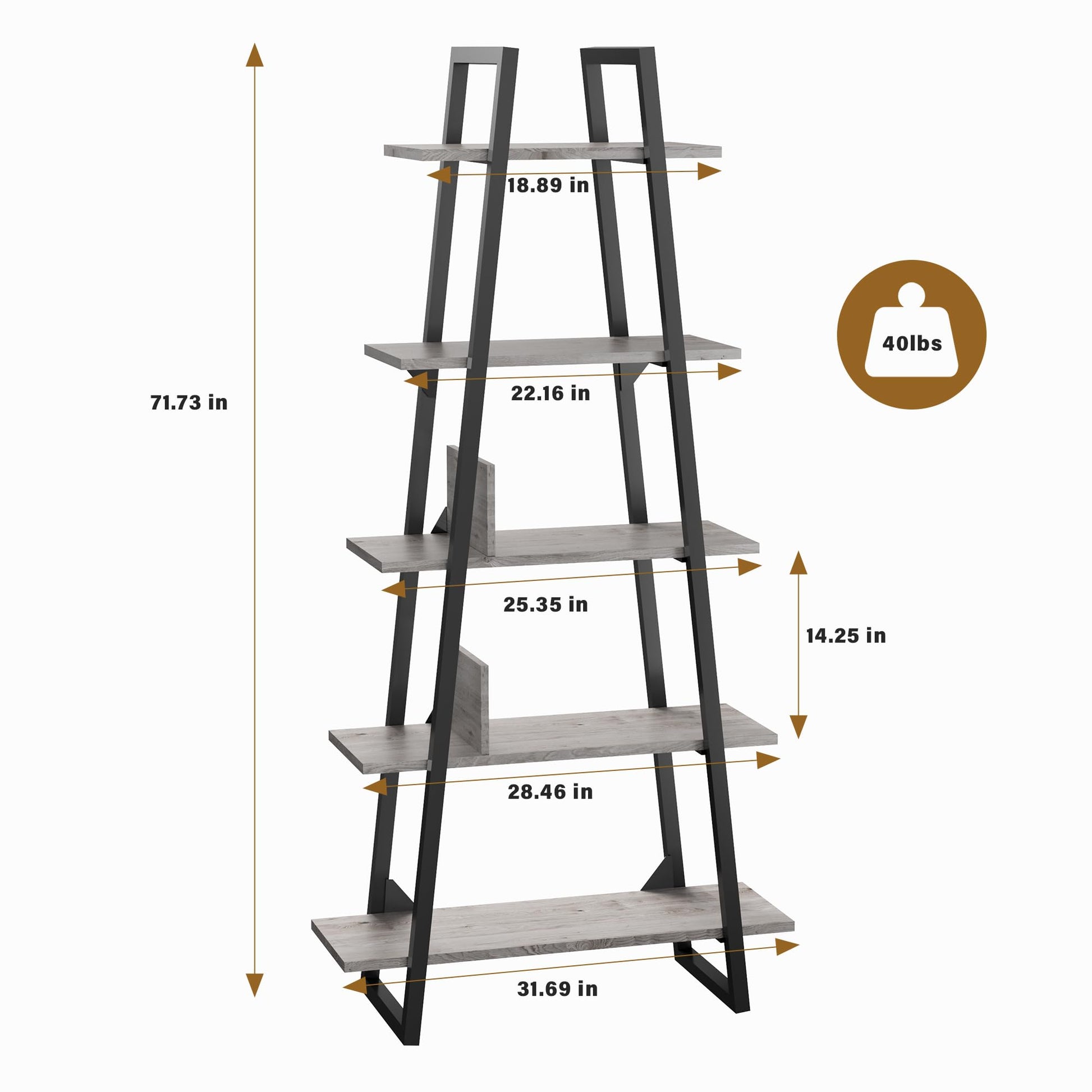 A black metal and gray wood ladder bookshelf with five shelves, showing dimensions and weight.