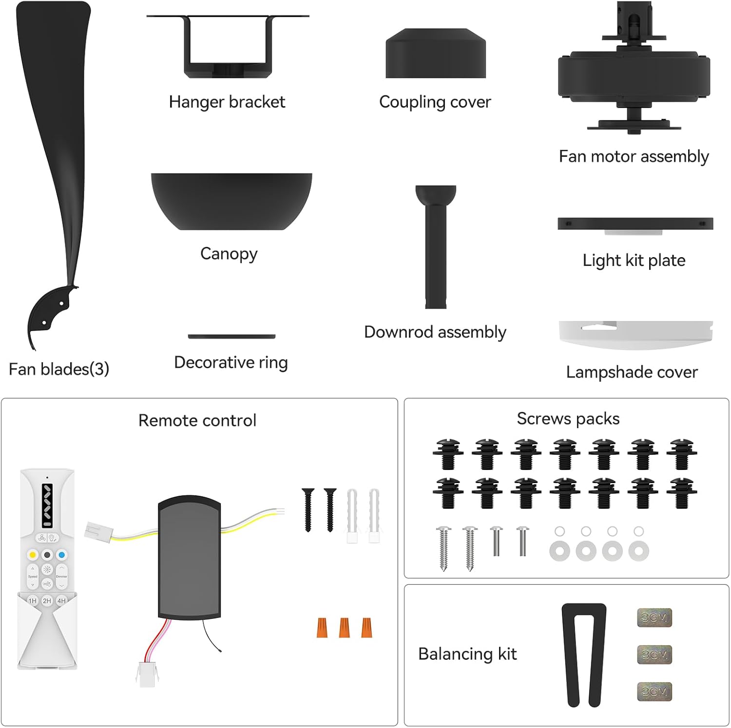 Garvee 52" Ceiling Fan with Light, Remote Control, 6-Speed, Quiet DC Motor, Dimmable 3CCT for Bedroom & Patio (Black)