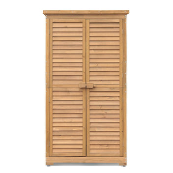 Garvee Outdoor Wooden Storage Cabinet - Waterproof Roof, Louvered Double Doors, Removable 3-Tier Shelves, Tool Organizer for Garden & Lawn Supplies