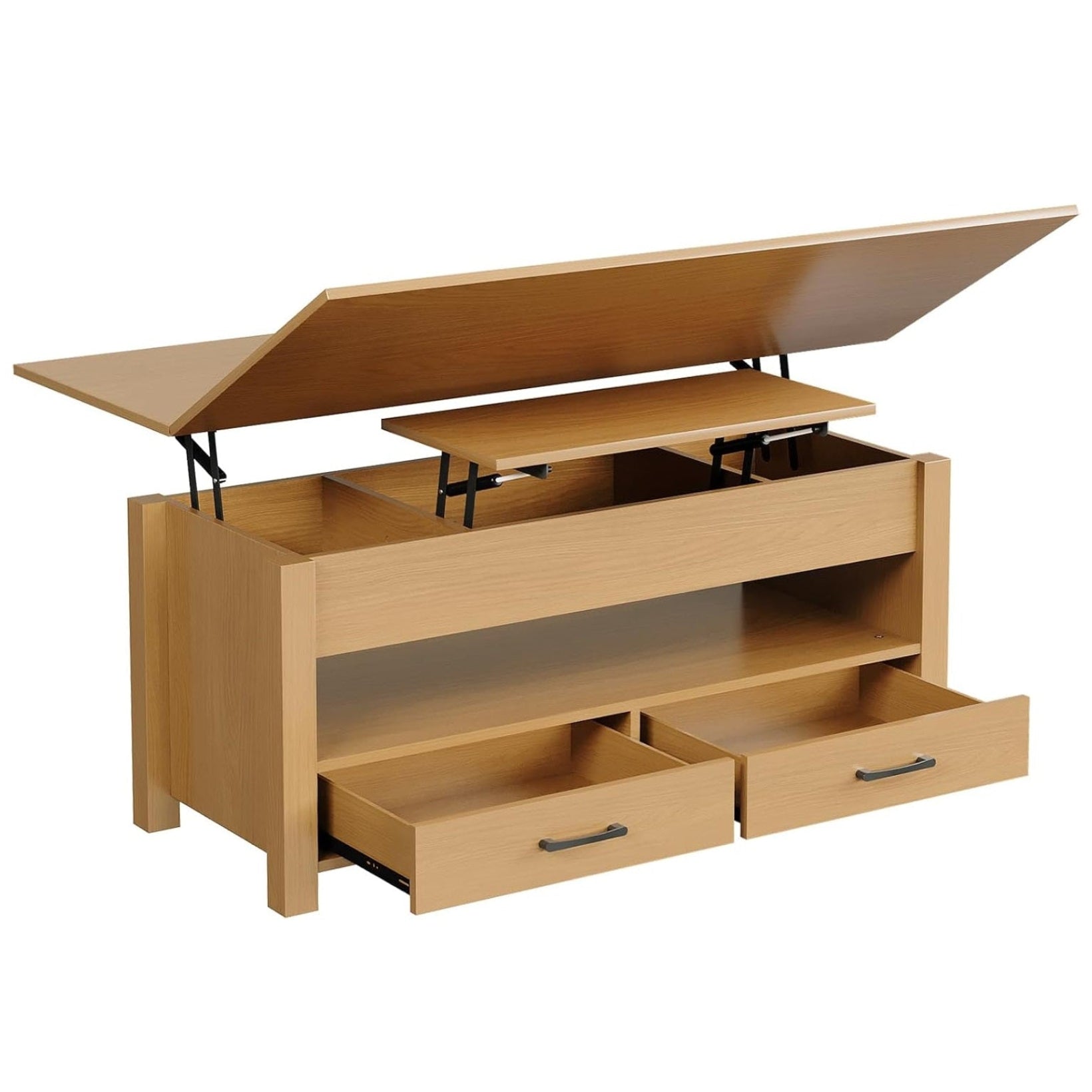 Garvee 4 in 1 Convertible Lift Top Coffee Table with Storage, Adjustable Height, Solid Wood, Hidden Compartments, Converts to Dining Table with 2 Drawers, for Living Room, Wood Color