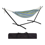 Garvee Double Hammock with Space Saving Steel Stand Included, 2 Person Outdoor Hammock, Portable Hammocks with Carry Bag, 450lb Capacity Standing Hammocks for Outside Garden Backyard - Blue And Green Stripes