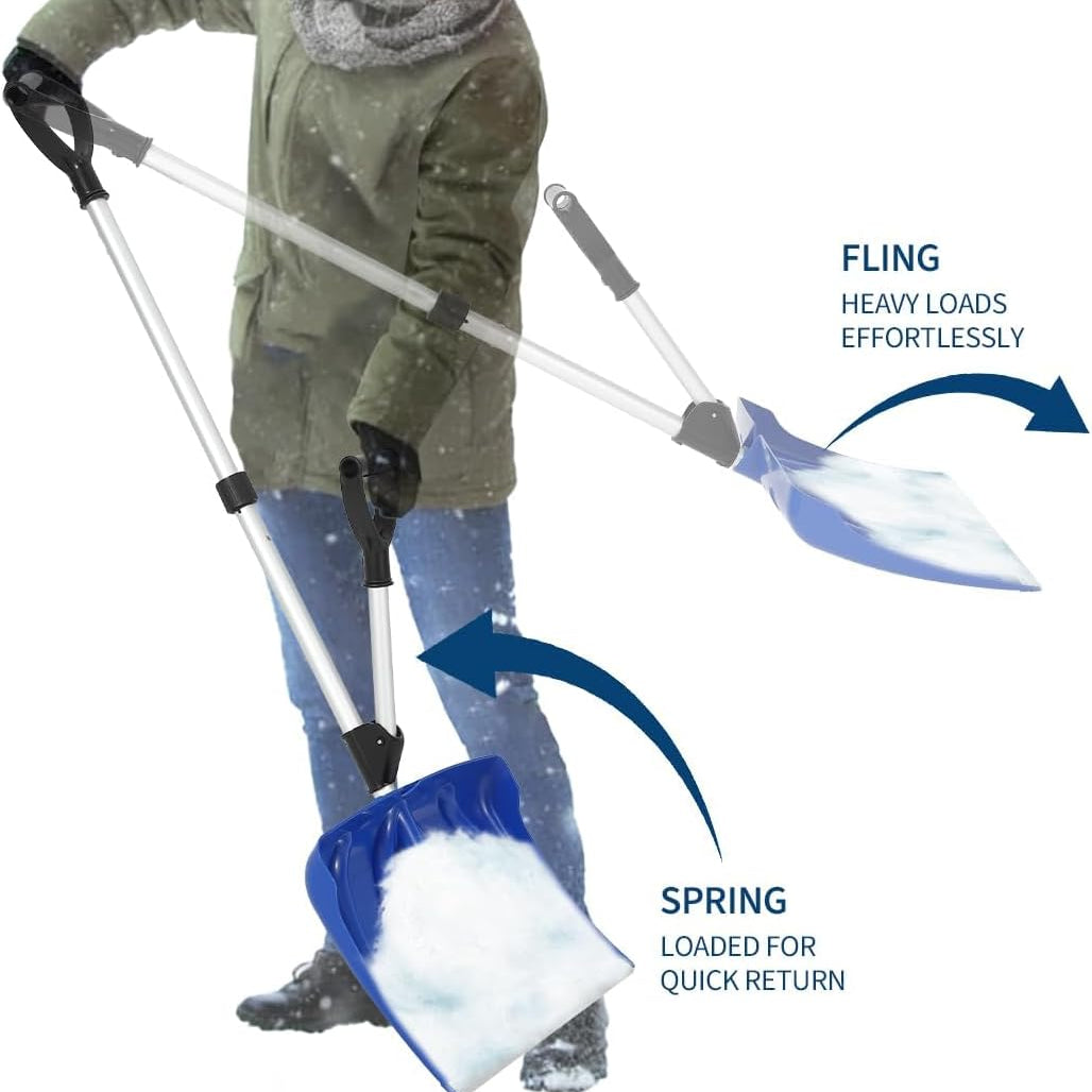 Garvee Ergonomic Snow Shovel – 18" Aluminum-Edged Blade with Assisted D-Ring Handle – Lightweight Snow Pusher for Patio, Garden, Yard – Blue Shovel with Silver Pole