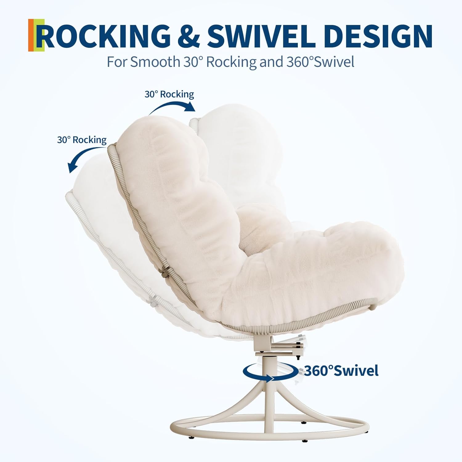 Garvee Oversize 360° Swivel Plush Lounge Chair with Metal Rocking Base, Winter Rattan Rocking Papasan Chair with 6.3" Comfy Deep Seat Thick Cushion for Indoor/Outdoor, Beige