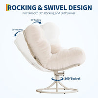 Garvee Oversize 360° Swivel Plush Lounge Chair with Metal Rocking Base, Winter Rattan Rocking Papasan Chair with 6.3" Comfy Deep Seat Thick Cushion for Indoor/Outdoor, Beige