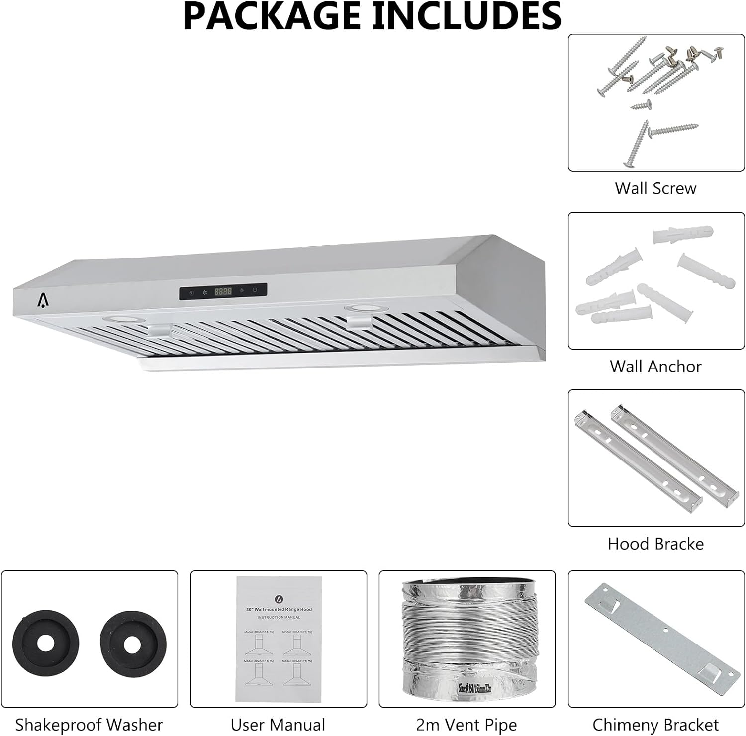 30 Inch Under Cabinet Range Hood, Stainless Steel Stove Vent Hood, 3 Speed, Touch Screen, Dishwasher Safe Baffle Filter, LED Light, 400 CFM Powerful Suction
