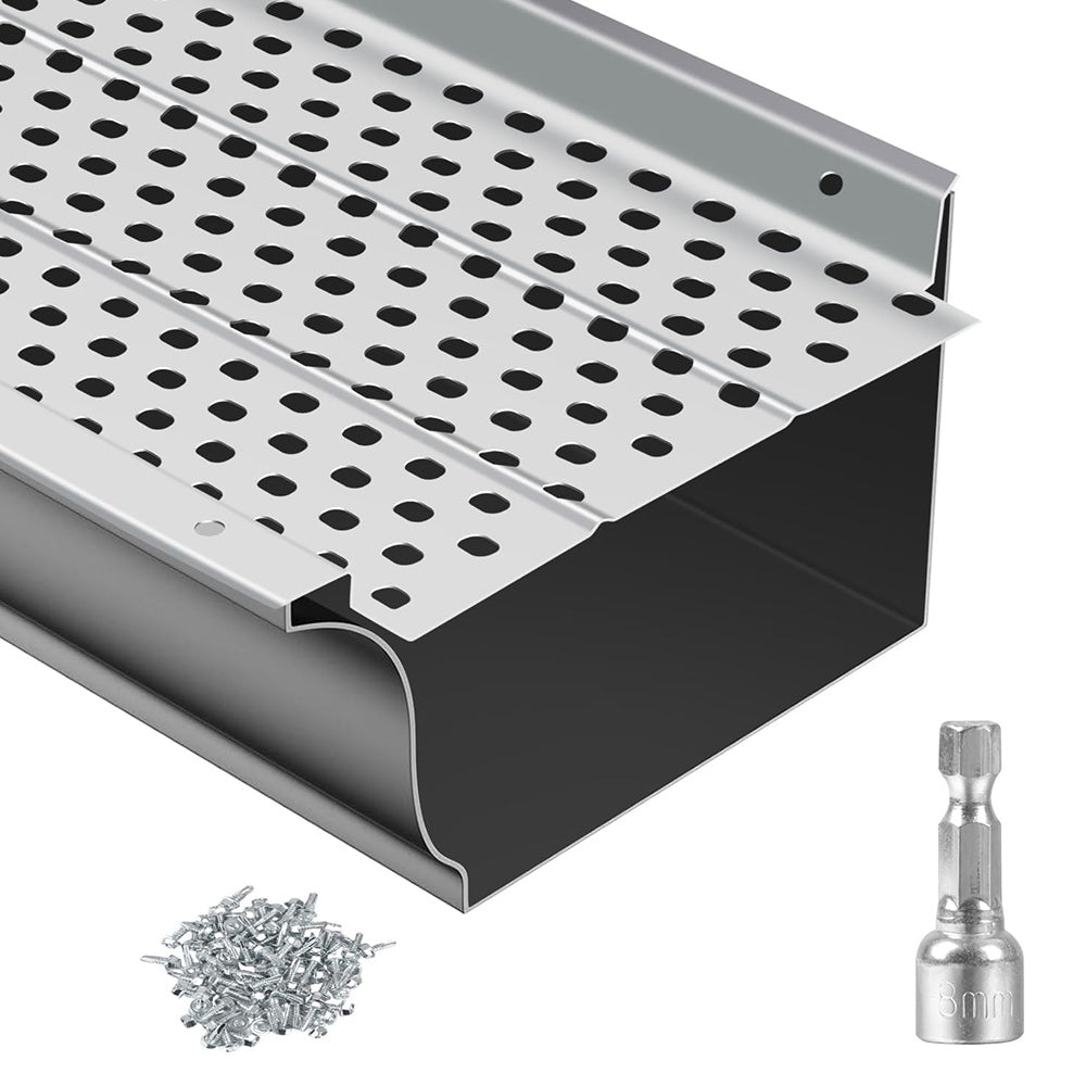 Garvee Gutter Guard, 5 inch Aluminum Gutters for House Cover, 7 PCS 104 ft Total Length, 0.157'' Hole Diameter & 0.02'' Thick Gutter Guards with Scissors &Gloves Fits Any Roof or Gutter Type
