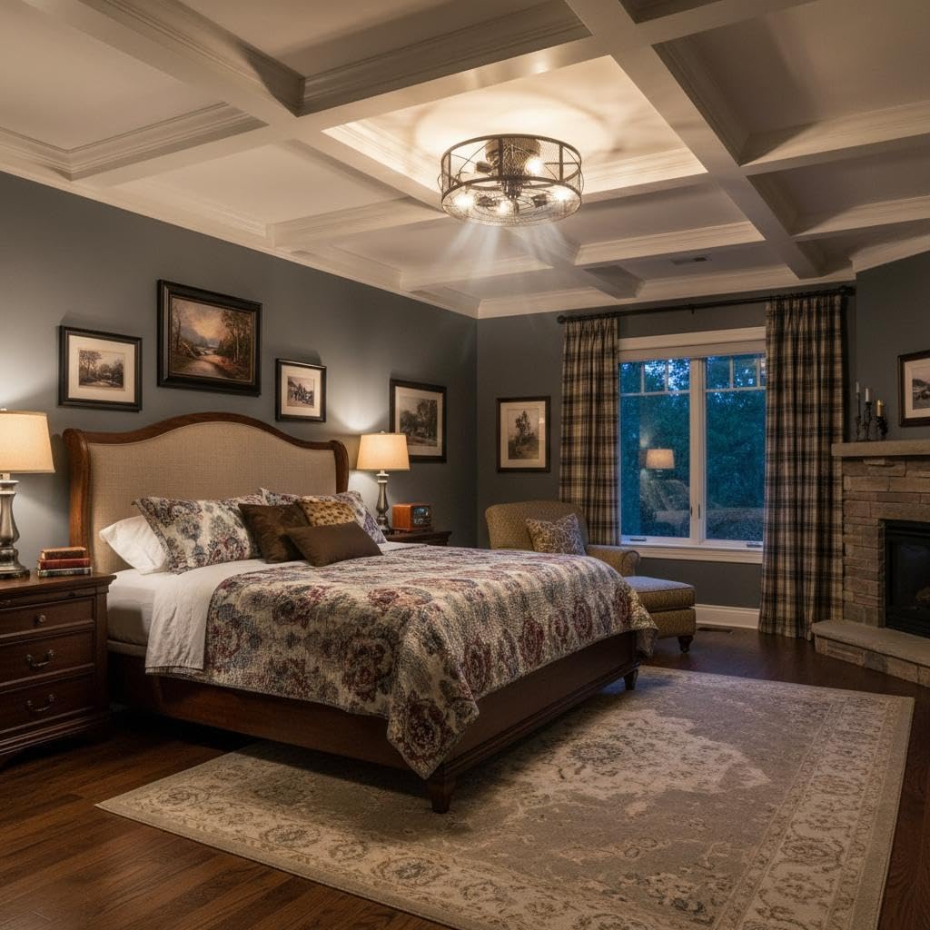 Garvee 20" Industrial Caged Bladeless Ceiling Fan Light in Flush Mount Design with 6-Speed Quiet Reversible, Remote & Timer for Indoor and Outdoor, Black