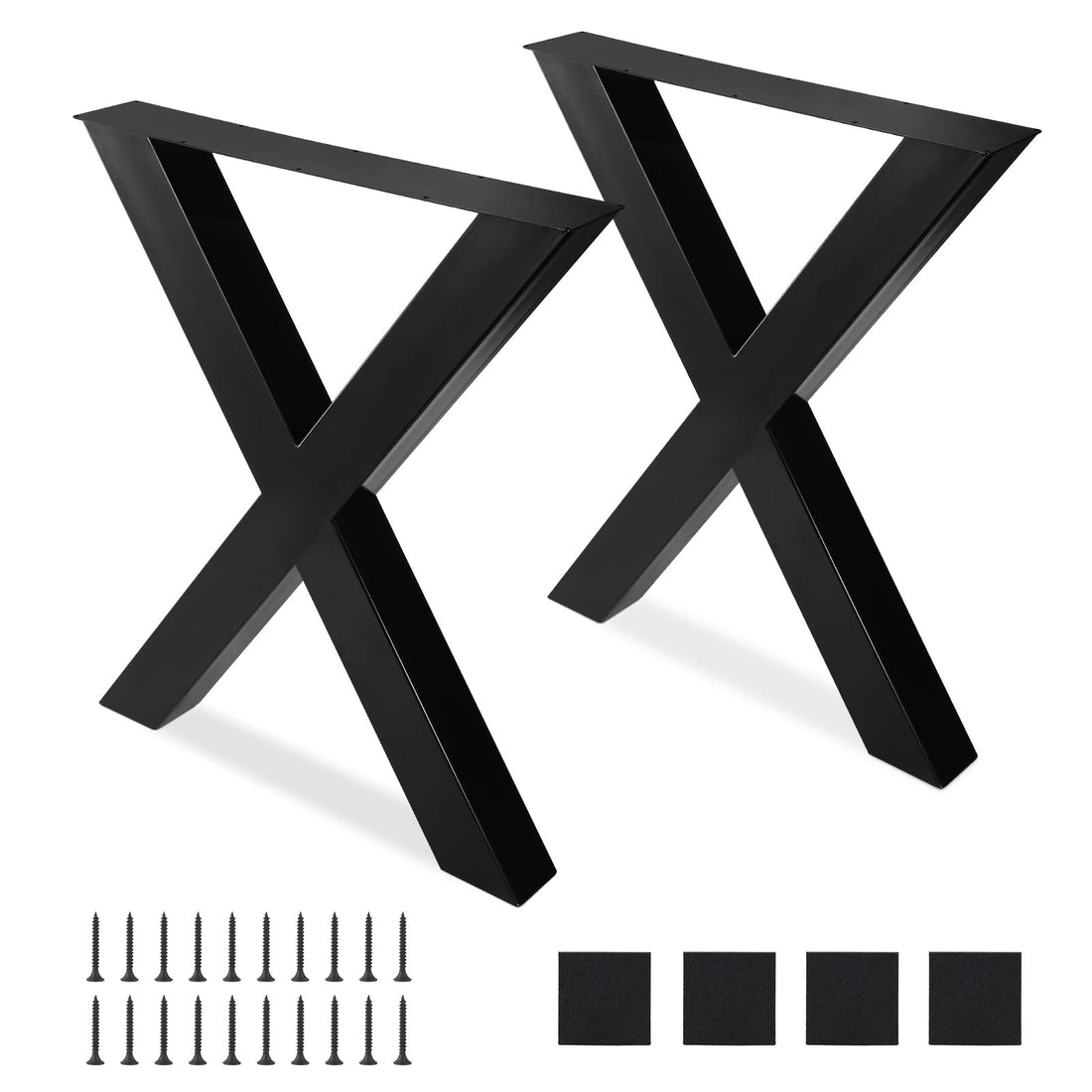 Set of 2 black 28-inch heavy-duty X-frame metal table legs with screws and pads.