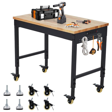 Garvee 48x24 Inch Adjustable Workbench for Garage Workbench, Rubber Wood Top Heavy-Duty Worktable Adjustable Workstation with 4 Rolling Casters, 2000 LBS Load Capacity Work Table for Workshop Office, Power Outlets