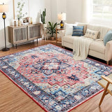 Garvee Boho Vintage Medallion Area Rug - 3x5 Washable Floral Print Rug, Easy-Cleaning, Low-Pile, Non-Shedding, Non-Slip Soft Accent Carpet for Dining Room, Home Office, Bedroom, Entryway - Red