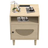 Garvee Rattan Nightstand, Side Table with Charging Station, with USB Ports, Power outlets, 2-Tier Rattan Nightstand with Locker for Living Room Bedroom, Natural