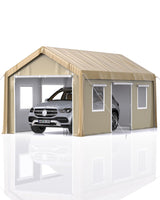 Garvee Carport 10'x20' Portable Garage Heavy Duty, 1.0 mm Steel Poles & 14 mil PE Tarp, with Front & Rear Doors, 2 Side Doors, and 4 Windows Screen, for Pickup Truck, and Boat, Khaki - Khaki