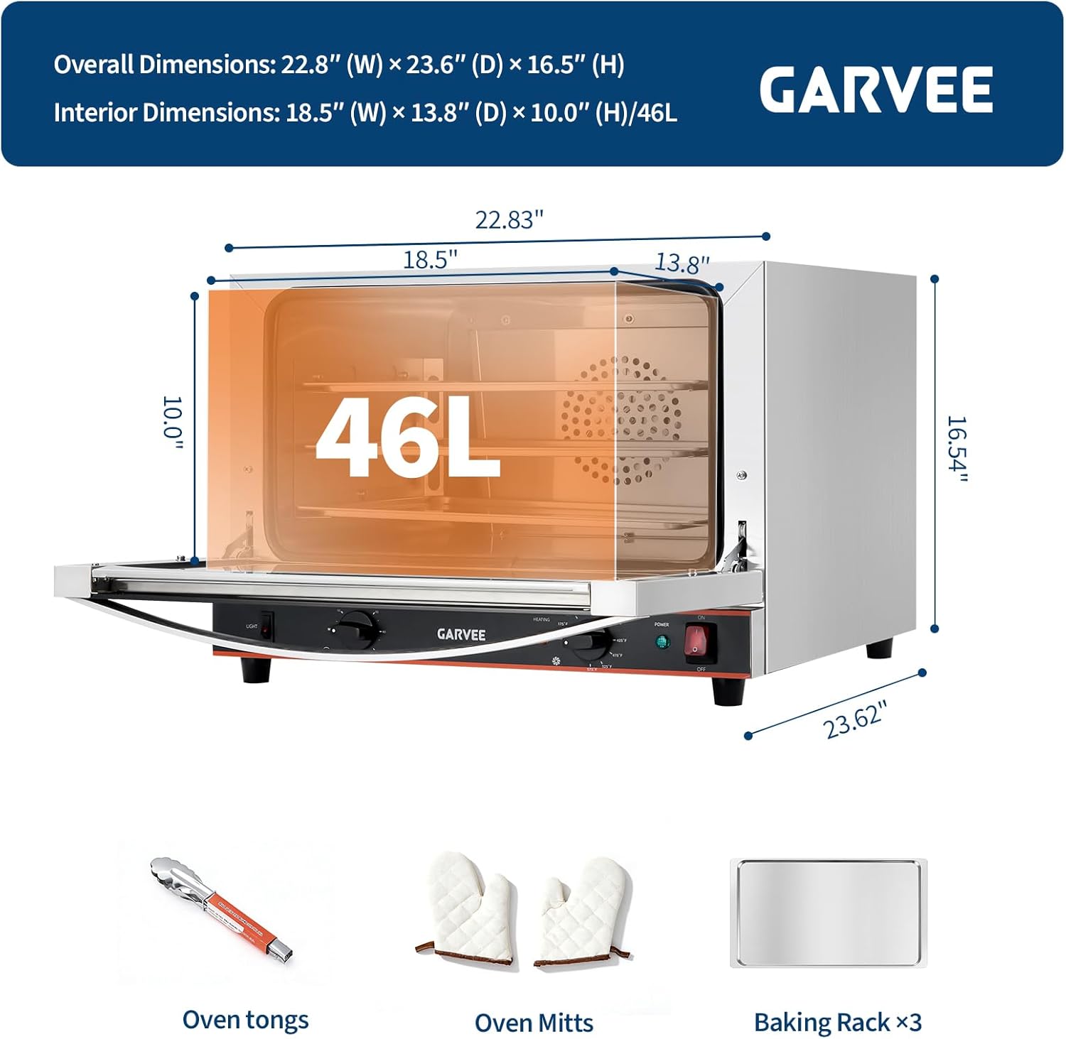 Garvee Commercial Convection Oven Countertop, 46L/42Qt, 1800W Toaster, 3-Tier Electric Oven w/Front Glass Door, Trays Wire Racks Clip Gloves, 120V