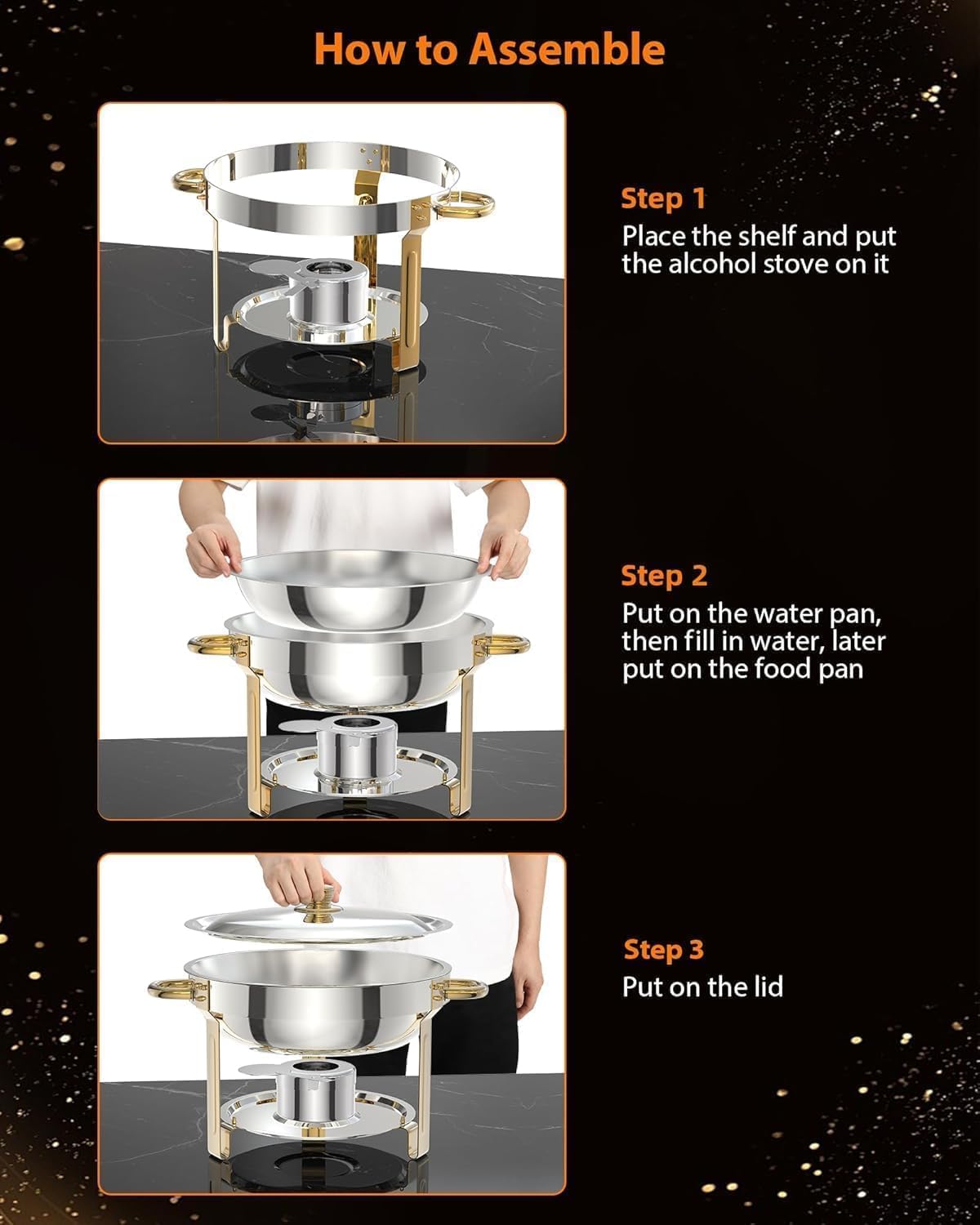 Garvee Durable Gold Stainless Steel Chafing Dish Set – 4 Pack 5QT Round Commercial Buffet Food Warmer with Lid Holder, Spoon & Tweezers – High-quality Catering Equipment for Events, Parties, Weddings – Easy to Clean – Specs: 2x2