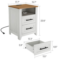 Garvee Farmhouse Nightstand Set of 2 with Charging Station, 2 Drawers & Open Shelf, Engineered Wood, Two-Tone Color, Bedroom & Living Room