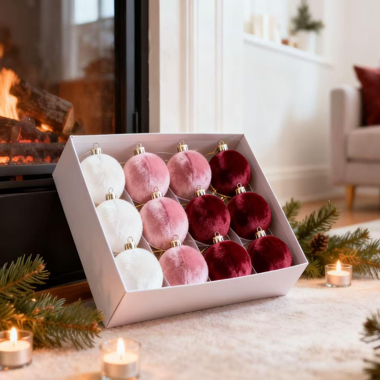 Garvee 3.15 Inch Christmas Ornaments 12-Pack Premium Fabric Velvet Shatterproof Elegant Holiday Tree Decor Festive Home Styling