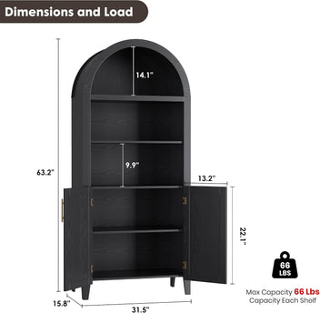 Garvee Arched Bookcase with Doors - 5-Tier Open Display Shelf, Modern Bookshelf Storage Cabinet for Home Office Living Room Library, Black