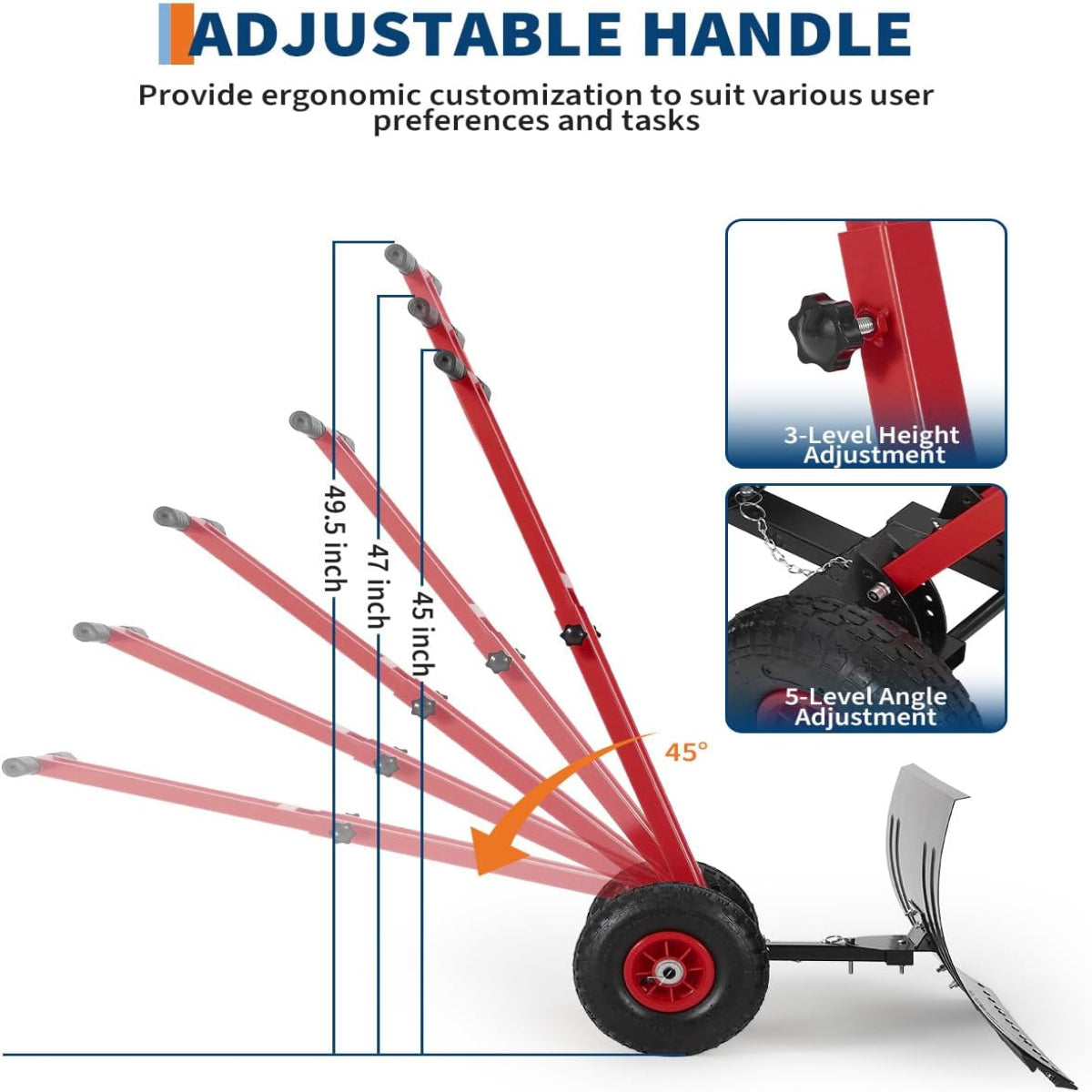 Garvee Wheeled Snow Shovel 29x16.5 Double-Rod Metal 5-Angle Adjustable T-Handle Rubber Wheels for Driveways Sidewalks Doorways