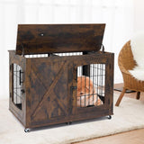 Garvee Furniture Dog Crate End Table, 39" Wooden Dog Kennels with 4 Doors,Sliding Barn Door with Divider, Dog House Indoor with Wheels