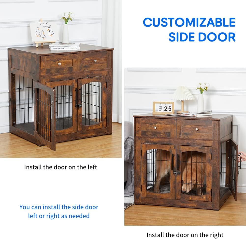 Dog Crate Furniture with 3 Doors,31.5" Large Dog Crate with 2 Drawer & Cushion,Wooden Dog House Kennel for Medium/Large Dog,Dog Crate Table Up to 70 lbs,Indoor End Table Dog House