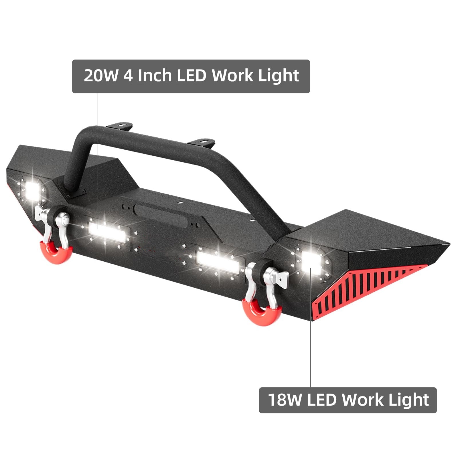 Garvee Front Bumper Compatible with 2018-2024 Jeep Wrangler JL/ 2020-2023 Jeep Gladiator JT, Off Road Bumper Paintable Armor W/Winch Plate & 4 LED Lights & D-rings