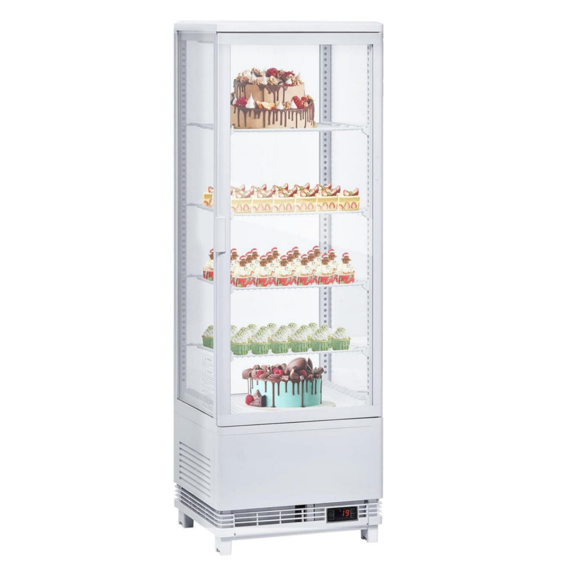 Commercial Cake Display Refrigerator, 110v 4.2 Cu.FT Single-Door Merchandiser with Interior LED Lighting, Double-Layered Glass, Countertop/Floor Refrigerator
