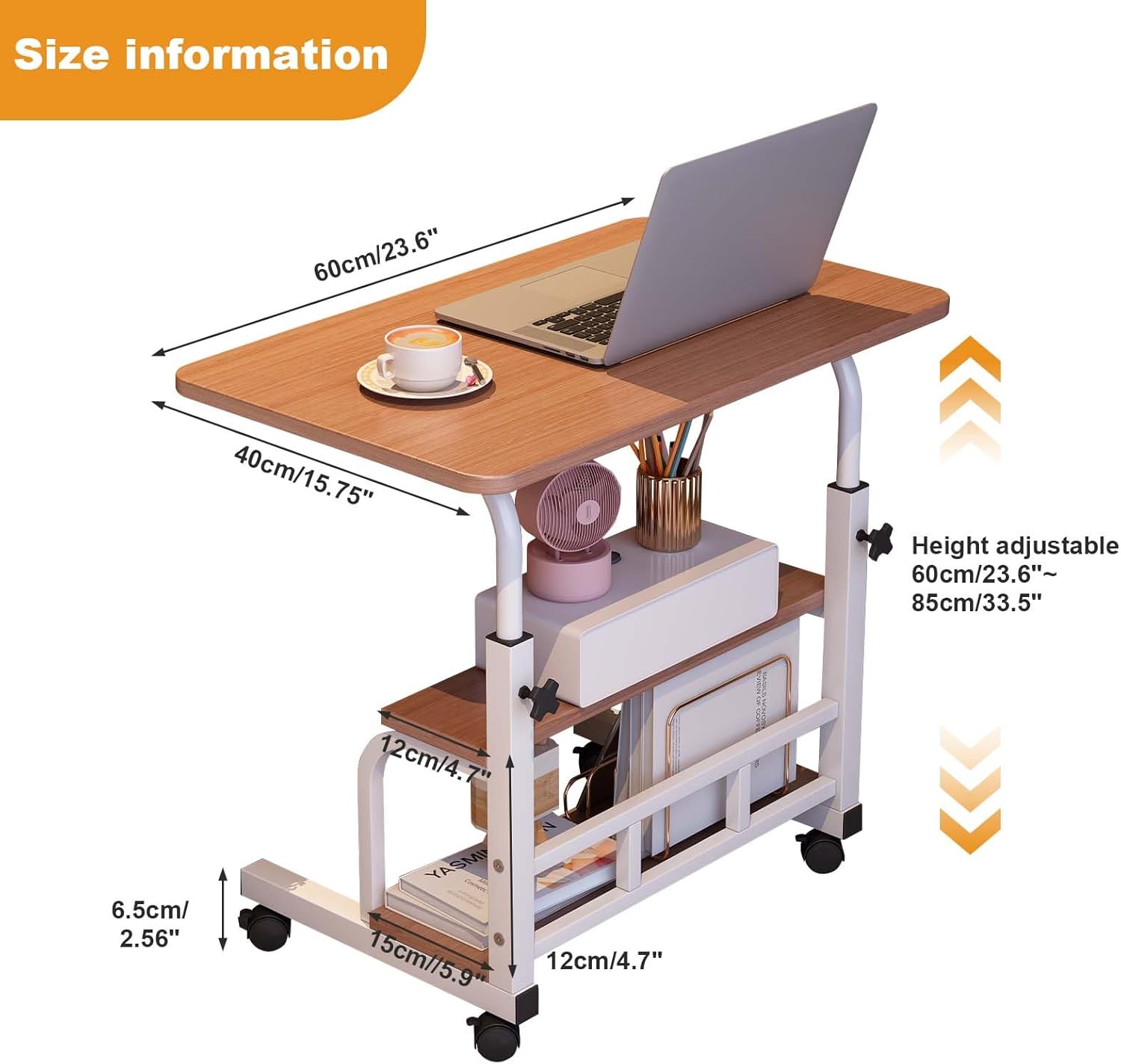 Garvee Adjustable Height Mobile Standing Desk, Portable Bedside Desk with Storage Shelves, Compact Laptop Desk for Home Office, Study, Small Spaces, Bedroom, Brown, 23.6"x15.7"