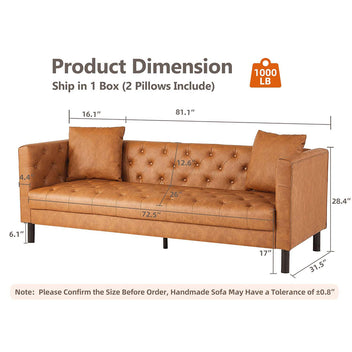 Garvee Modern PU Leather Couch for Living Room, 81" Chesterfield Sofa with Deep Seats and 2 Pillows, 3 Seater Sofa with Button Tufted, Sleeper Sofa for Apartment, Office, Brown
