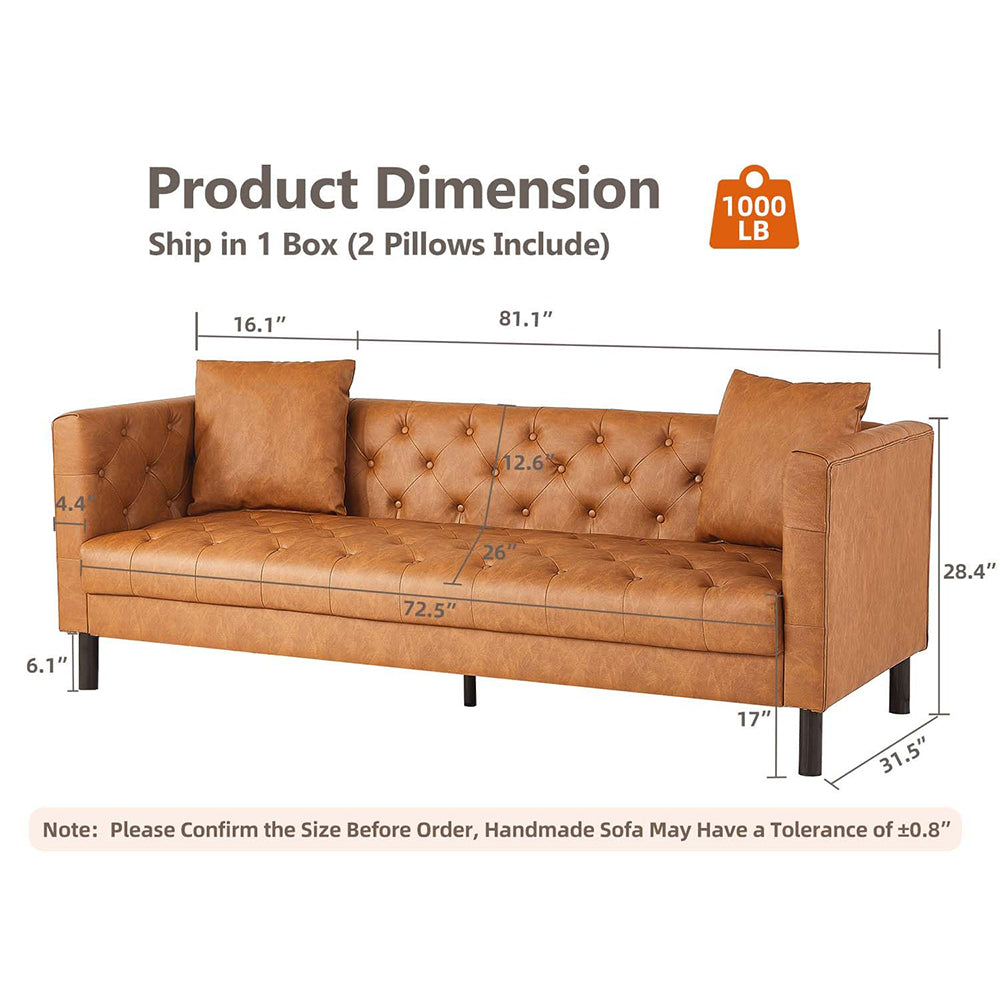 Garvee Modern PU Leather Couch for Living Room, 81" Chesterfield Sofa with Deep Seats and 2 Pillows, 3 Seater Sofa with Button Tufted, Sleeper Sofa for Apartment, Office, Brown