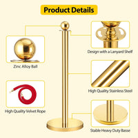 Velvet Ropes and Posts, GARVEE Crowd Control Barriers, 3 Red Velvet Rope 5 Ft, 4 Pcs 38 Inch Gold Stanchion Post with Ball Top for Red Carpet, Theaters, Parties, Wedding, Exhibition
