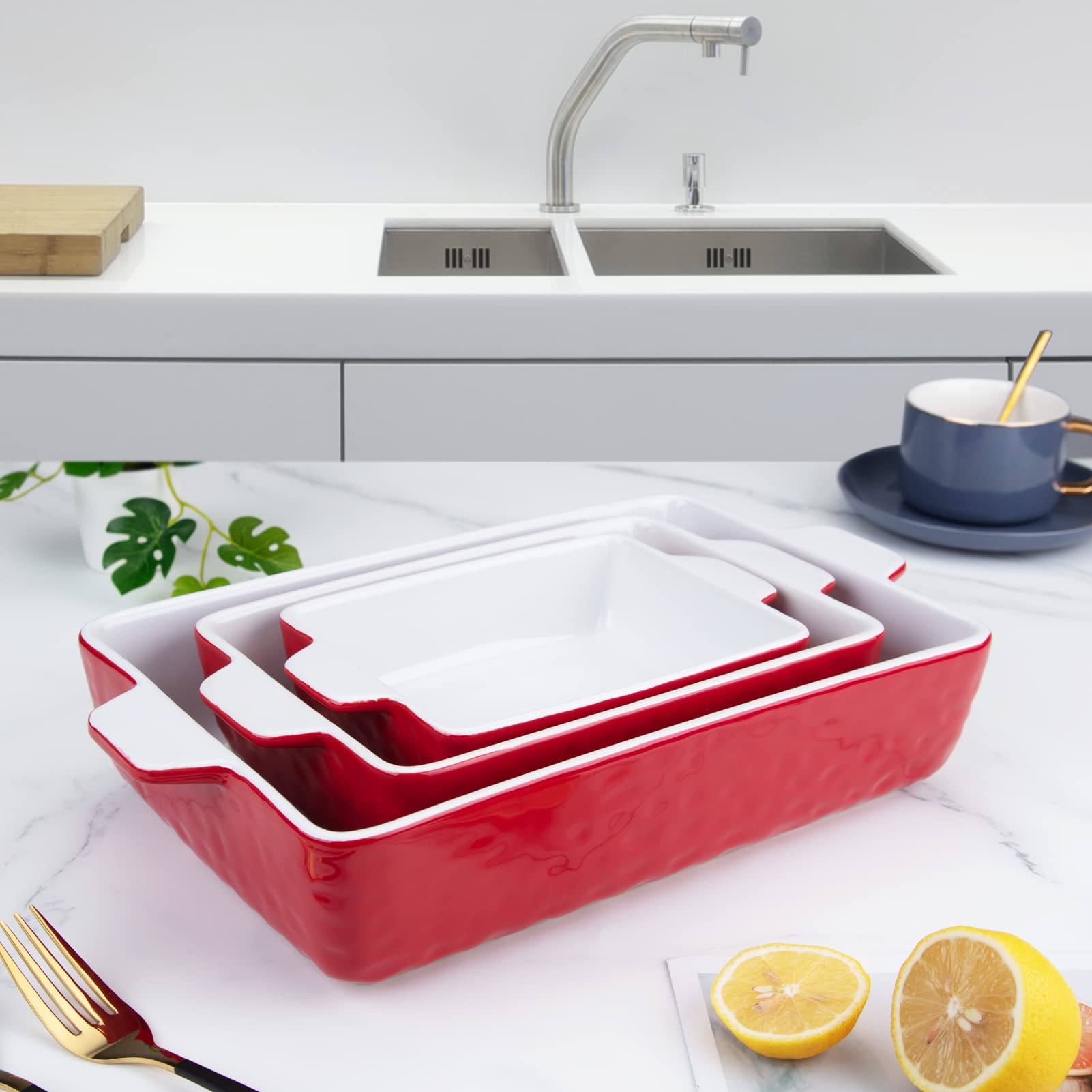 Garvee Ceramic Baking Dish Set of 3, Rectangular Casserole Dish for Oven with Handles, Deep Lasagna Baking Pans for Cooking, Kitchen, Cake Dinner, Banquet, Daily Use, Red