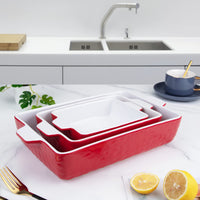 Garvee Ceramic Baking Dish Set of 3, Rectangular Casserole Dish for Oven with Handles, Deep Lasagna Baking Pans for Cooking, Kitchen, Cake Dinner, Banquet, Daily Use, Red