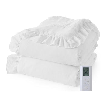Garvee Heated Comforter Blanket Queen Size, Dual-zone Heating, Ruffle Electric Quilt with Wireless LCD Controller, Fast Heating & Overheat Protection, ETL Certified, Machine Washable, White, 90"x90"