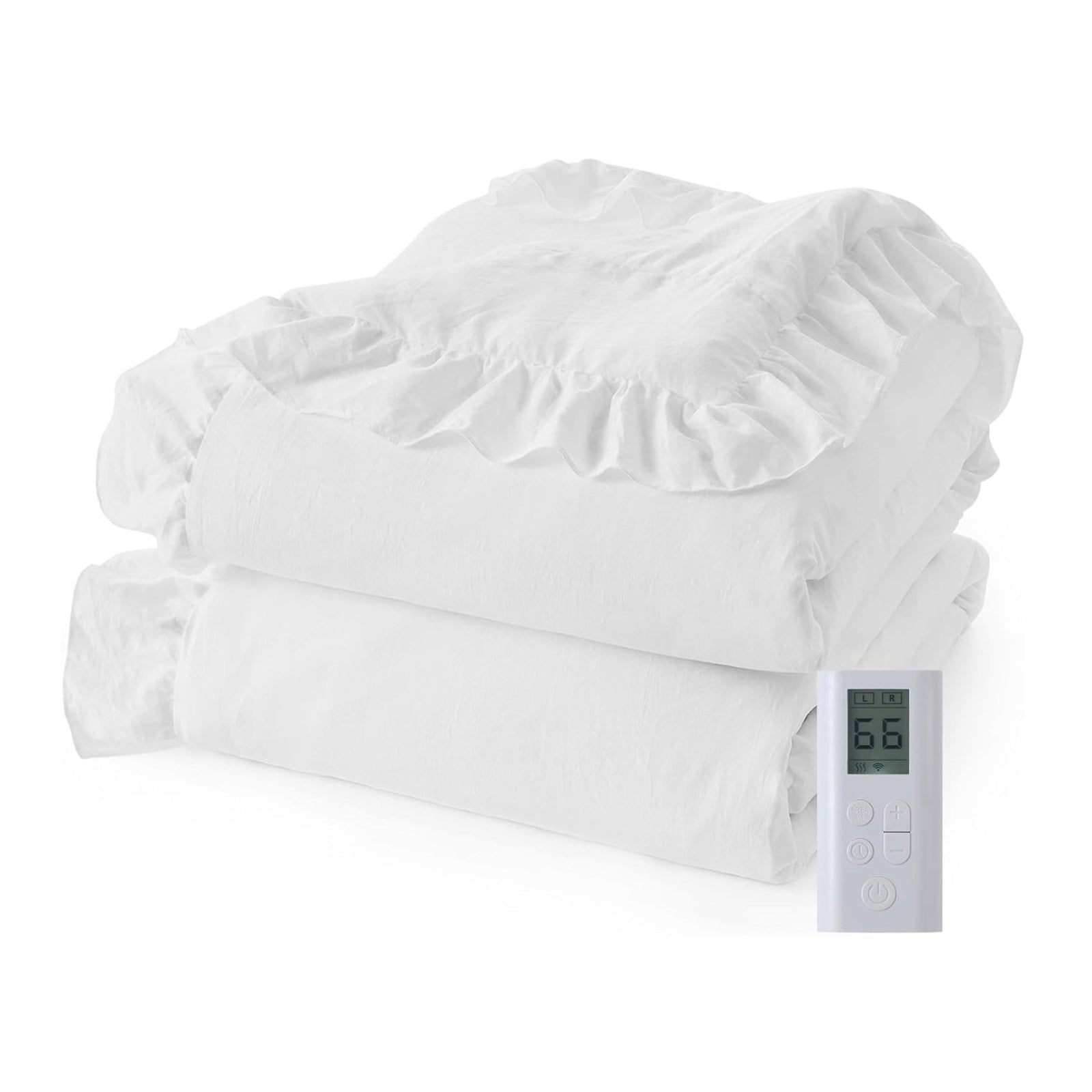 Garvee Heated Comforter Blanket Queen Size, Dual-zone Heating, Ruffle Electric Quilt with Wireless LCD Controller, Fast Heating & Overheat Protection, ETL Certified, Machine Washable, White, 90"x90"