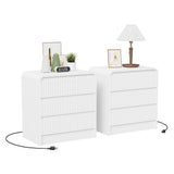 Garvee Fluted Nightstand Set of 2 with Charging Station, 3 Drawers, White - White|2 Pack